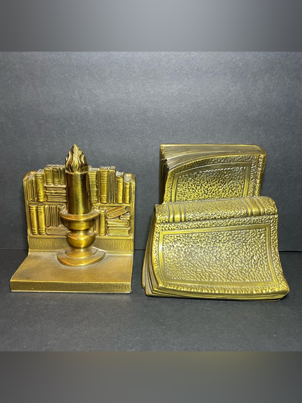 VTG MCM PM Craftsman Brass Plated Metal Cascading Books & Candlestick Bookends
